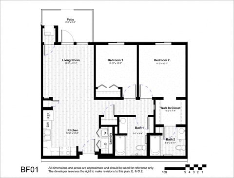Floor plan for 2 beds, 2 baths, 910 sqft